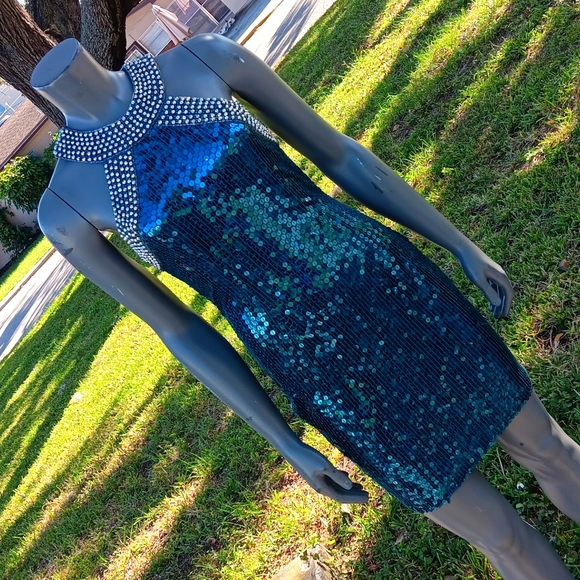 NITELINE by DELLA ROUFOGALI VINTAGE BLUE SEQUIN/STUDDED COLLAR COCKTAIL DRESS - Picture 14 of 17